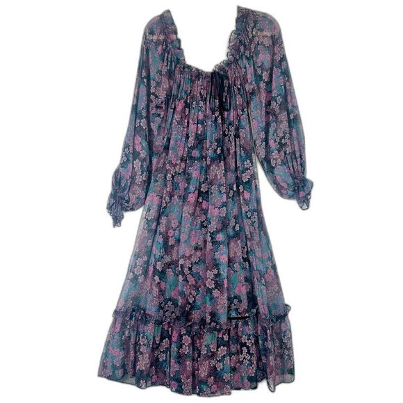 Vintage Union Made Pleated Midi Dress Size 4 Dark Floral Purple Fairy 70s 80s - Picture 4 of 12